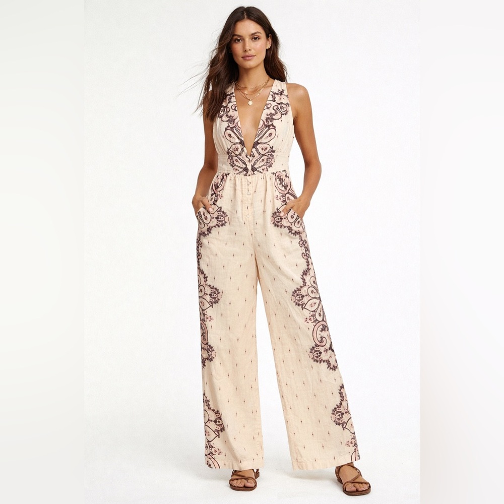 Free People Boho Paisley Wide Leg Jumpsuit Tie Back Festival Cotton XS